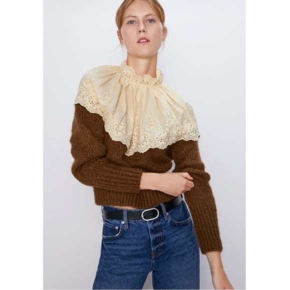 Zara Wool Blend Sweater with lace eyelet neck - Picture 1 of 14